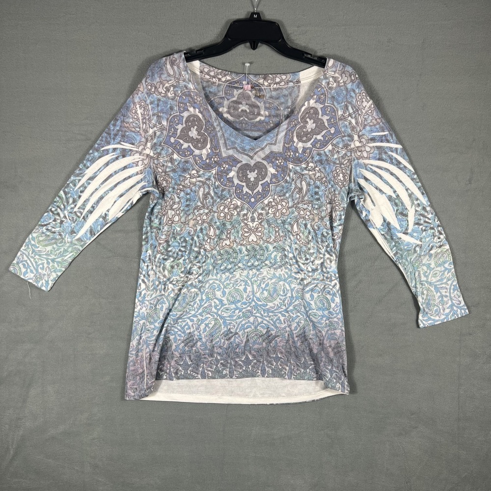 Kiara Women's Large Blue Gray Paisley Floral V-Neck 3/4 Sleeve Knit Top Shirt
